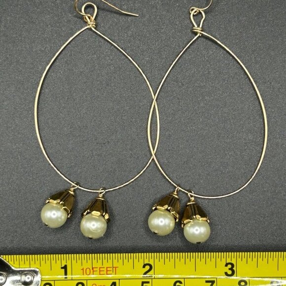 Large Gold Tone & Pearl Hooped Earrings - Picture 7 of 7